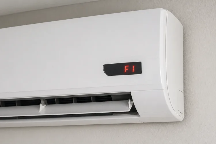 Display AC inverter cu cod eroare F1 sau E1 vizibil în roșu