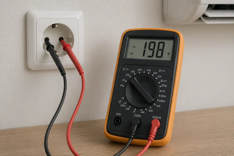Multimetru digital cu sonde în priza AC-ului afișând 198 V