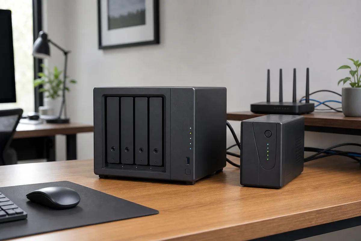 NAS cu patru discuri lângă un UPS compact pe un birou, cu routerul în fundal